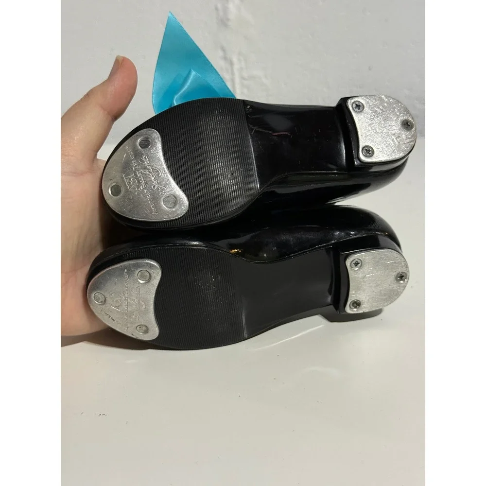 ABT American Ballet Theatre Kids Spotlights Tap Shoes Black Patent Blue Ribbon